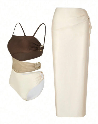 Beige/Brown Swimsuit & Cover Set