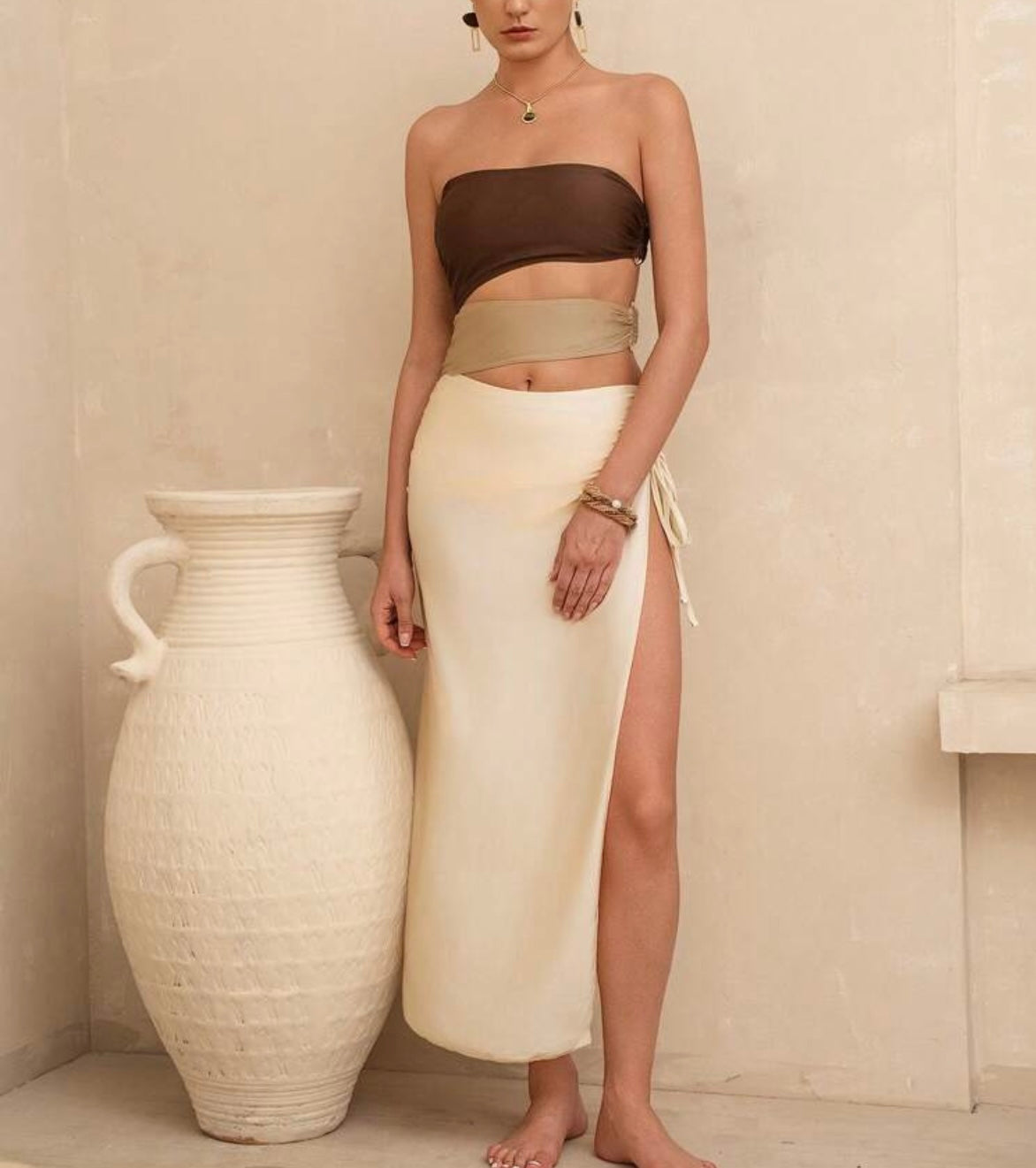 Beige/Brown Swimsuit & Cover Set